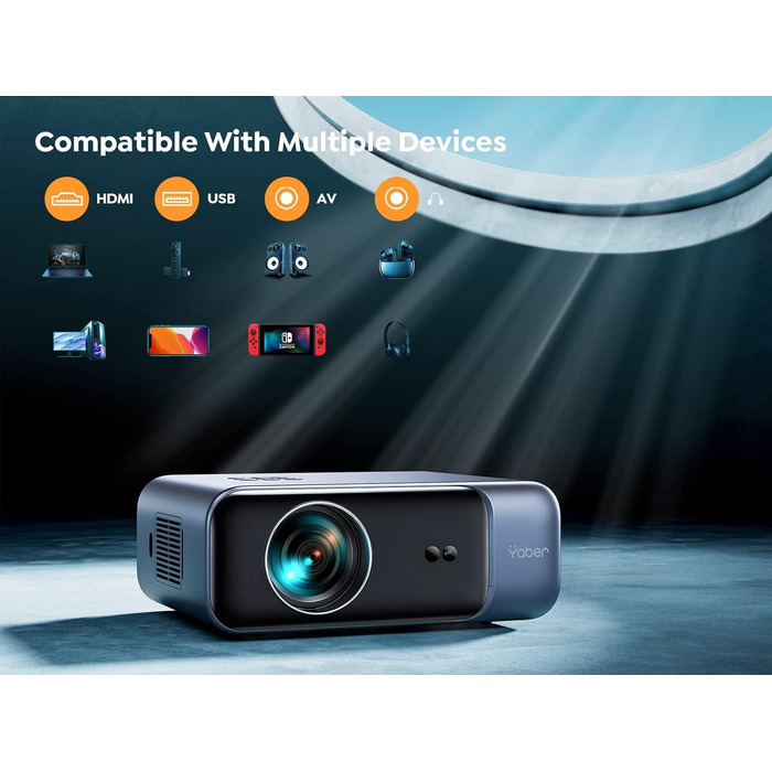 Проектор YABER One Dark Pro: Full HD 1080p (підтримка 4K), автофокус, корекція трапецієподібних викривлень, WiFi 6, Bluetooth, портативний домашній кінотеатр для смартфонів, PS5 та Fire TV Stick, до 300 дюймів