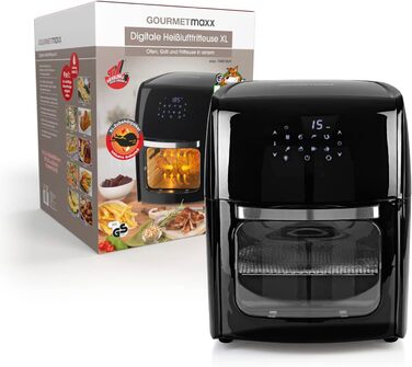 Цифрова аерофритюрниця GOURMETmaxx 12 л XXL з таймером, сенсорним дисплеєм, вертелем та решіткою для запікання, 8 програм, 1800 Вт, чорна, енергозберігаюча, для приготування без жиру