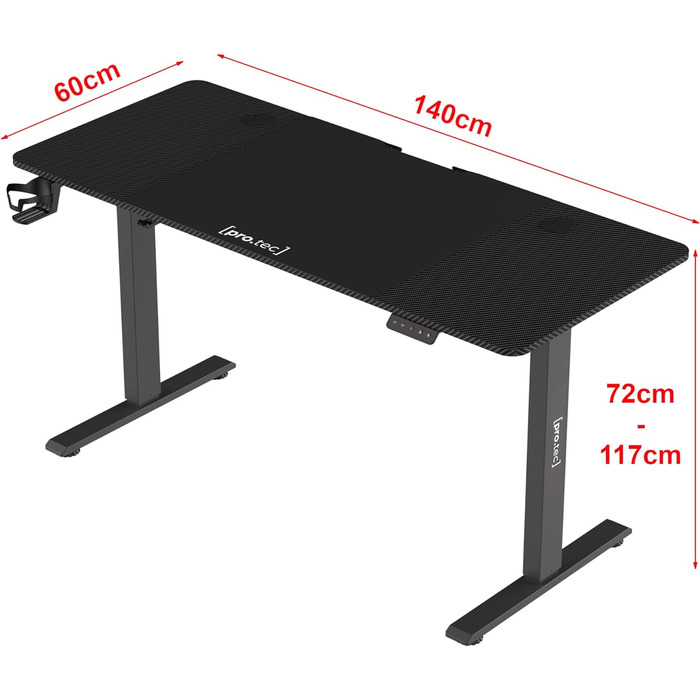 Електричний стіл pro.tec Stryn 140x60 см, регульований по висоті, чорний, з пам'яттю положень, робочий стіл для офісу 72-117 см