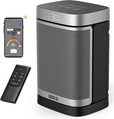 Електричний обігрівач Dreo з термостатом, 1500W, PTC кераміка, ECO-режим, таймер 12 год, захист від перегріву та перекидання, осциляція 70°, Wi-Fi, сріблястий