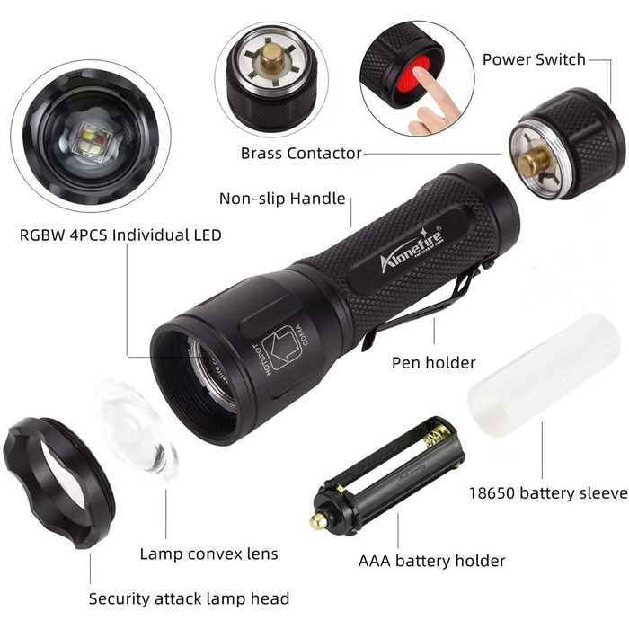 Alonefire X32 Багатофункціональний тактичний LED ліхтар 4-в-1: зелений, синій, білий, червоний, акумуляторний, з функцією зуму, комплект з батареєю та зарядкою, для полювання, туризму, поліції, військових, надзвичайних ситуацій