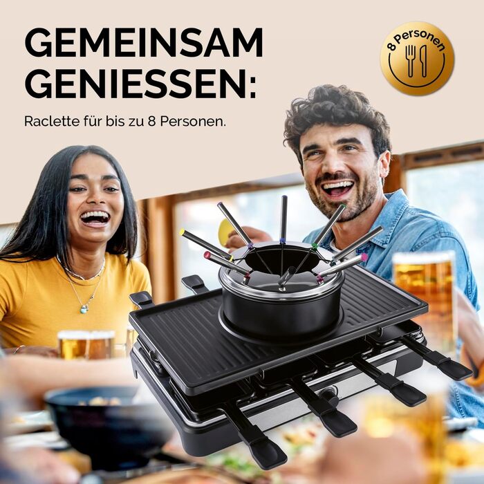 GOURMETmaxx Ракуле-Фондю 2-в-1 на 8 осіб | Ракуле-Фондю комбінація з 8 сковородами, лопатками та виделочками | Ідеально для вечірок | Ракуле та Фондю для 8 осіб