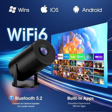 Смарт-проектор Mini Beamer 4K Full HD 1080P з WiFi 6 та Bluetooth 5.2, автокоррекция трапеції, поворот на 180°, підтримка HDMI/TV Stick/Laptop, чорний