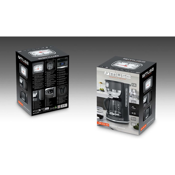 Кавоварка MUSE MS-220 DG з глечиком, 10 чашок, з функцією підігріву, скляна каністра, нержавіюча сталь, сіра