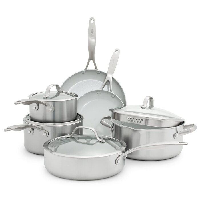 GreenPan Venice Pro Tri-Ply Набір посуду 10 предметів: каструлі та сковорідки, здорове антипригарне покриття, нержавіюча сталь, індукція, придатний для духовки та посудомийної машини, без PFAS, срібний