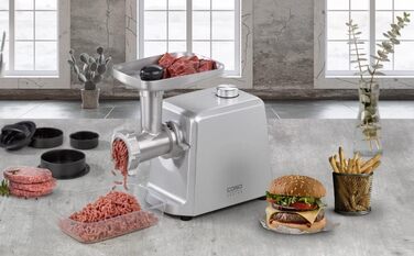 М'ясорубка CASO FW 2500 срібляста, 2500 Вт, титанова ніж, реверс, тихий двигун, комплект насадок, прес для бургерів