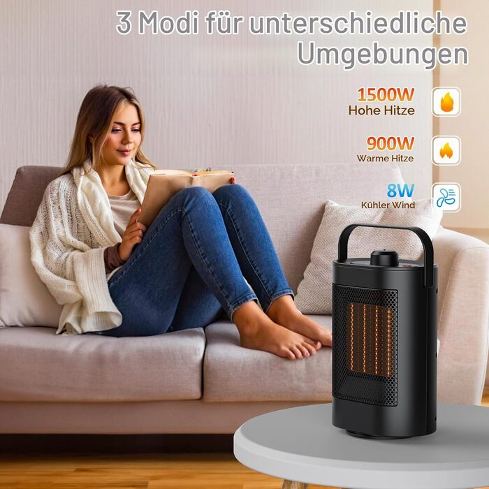 Керамічний електричний обігрівач YAZEKY 1500W — енергоощадний безшумний тепловентилятор з 3 режимами швидкості, захистом від перегріву та перекидання, для ванної, офісу та спальні, чорний