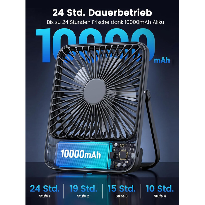 Вентилятор акумуляторний Warmco 10000mAh 21 см, до 24 год, чорний - для офісу, подорожей, спальні