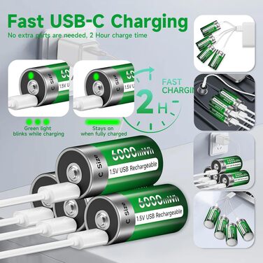 Акумулятори типу C (LR14) 1.5V 6000mWh літієві перезарядні, 4 шт. з USB-C кабелем для швидкої зарядки