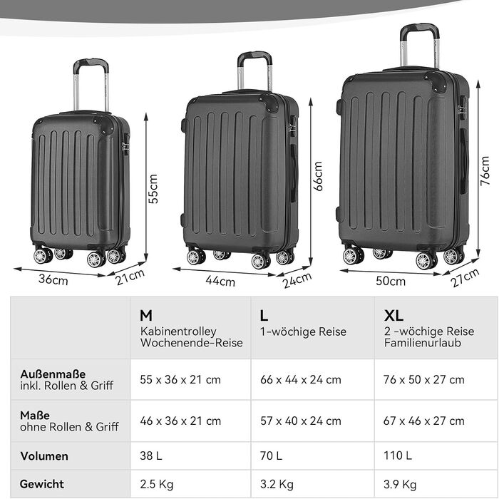 Валіза BEIBYE XL 76 см, містка дорожня валіза з ABS-пластику, легка та міцна, з подвійними колесами 360° та кодовим замком, чорна
