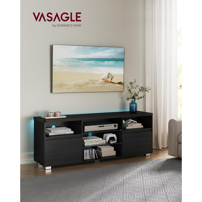 TV-тумба VASAGLE Kailyn LTV331T10 чорна з LED підсвіткою під телевізор до 70 дюймів, з полицями та шафками для вітальні