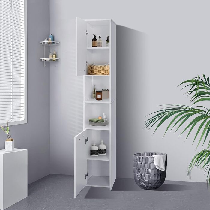 Високий шафа для ванної ML-Design, білий, 30x190x30 см, з 6 відділеннями і 2 дверцятами, вузький шафа для зберігання, МДФ, меблі для ванної кімнати