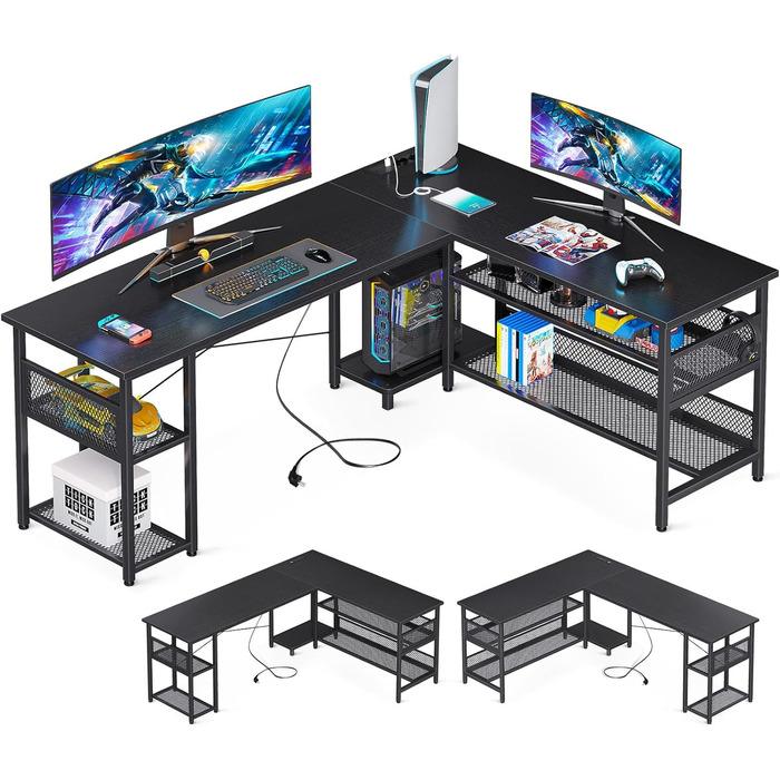 Кутовий комп'ютерний стіл ODK, L-подібний, з розетками і USB, чорний, 168×120 см, з великим простором для зберігання