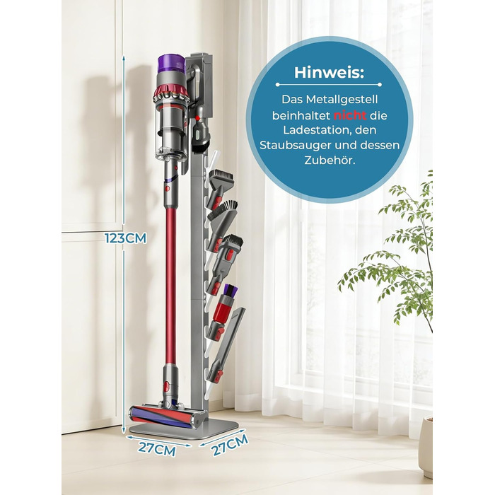 Металевий стійка-тримач JUPELI для пилососів Dyson V16, Gen5, V15, V12, V11, V10, V8, V7, V6 — підставка для зберігання пилососа та аксесуарів, без свердління (Сріблястий)