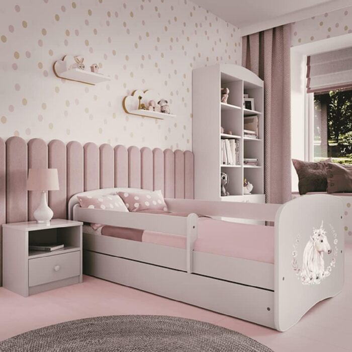Дитяче ліжко Kids Collective 160x80 см з матрацом, бортиком, ламельною основою та шухлядою, біле, для дівчинки, рожеве з малюнком коня