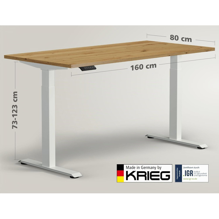 Електричний підйомний стіл KRIEG HighDesk Basic: регульований стіл для роботи сидячи та стоячи (160 x 80 см, білий + дуб)