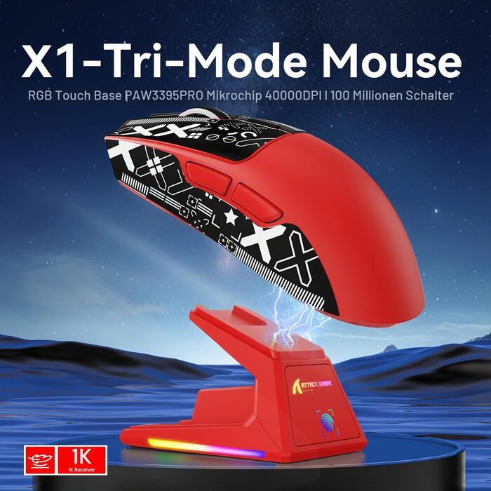 Ігрова миша Attack Shark X1 White/B-Red: сенсор PixArt PAW3395PRO, 40000 DPI, вага 53г, RGB док-станція з тачпадом, бездротова (BT/2.4G) та дротова, для Win11/Xbox/PS/Mac