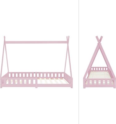 Дитяче ліжко-хатинка Tipi ML-Design 90x200 см рожеве з бортиком, дерев'яне з масиву сосни, індіанський дизайн, з ламелями, для дівчаток, ігрове ліжко-намет