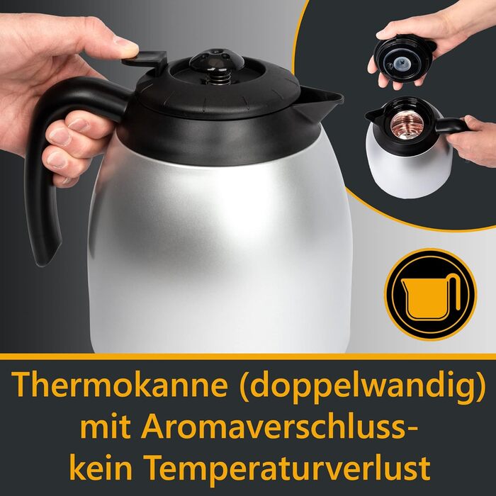 Кавоварка Clatronic KA 3327 з термочашею, 1 л, на 8-10 чашок, фільтр-кава, чорна/срібляста, автоматичне вимкнення, знімний фільтр, індикація рівня води