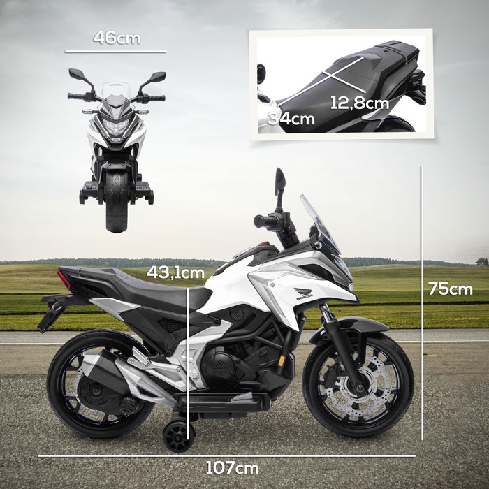 Електромотоцикл для дітей Honda, 3 км/год, музика та світло, для дітей 3-6 років, до 30 кг, білий
