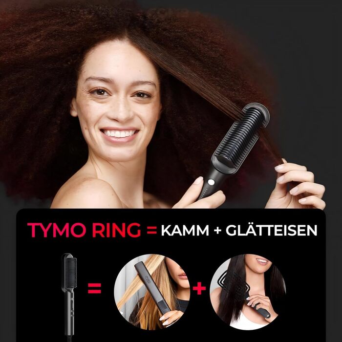 Електрична керамічна щітка-випрямляч TYMO RING, захист від опіків, 5 температур, професійна щітка-гладилка для волосся, 130-230°C, чорна