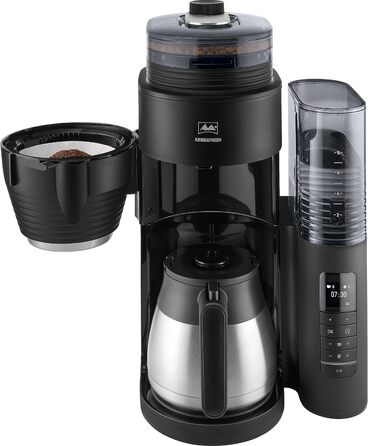 Кавоварка Melitta AromaFresh Therm Pro X з млином, термокухлем і знімним резервуаром для води, фільтраційна кавомашина на 8 чашок, чорна