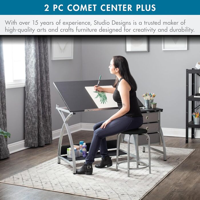 Набір стіл для малювання та стілець SD Studio Designs Comet Center Plus з регульованою стільницею та місцем для зберігання, сталь, сріблястий/чорний, 50x60x75 см