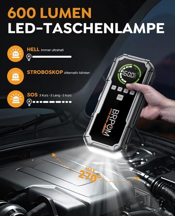Powerbank Starthilfe BRPOM для автомобіля з компресором 160PSI, 8000A, 26800mAh, для бензинових та дизельних двигунів (12.0L), стартер, LED-ліхтар 600LUM, сріблясто-сірий