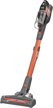 Акумуляторний пилосос BLACK+DECKER 4в1 18В 2.0Аг, безмішковий, для підлоги та ручний, з електрощіткою, бездротовий, комплект з насадкою для щілин, акумулятором, зарядним пристроєм і настінним кріпленням, Titanium/Orange