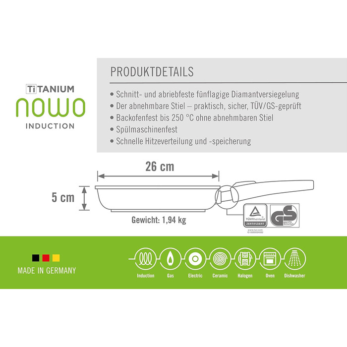 Сковорода Woll Nowo Titanium 26 см, знімна ручка, алюмінієва, антипригарна, для всіх плит, індукція