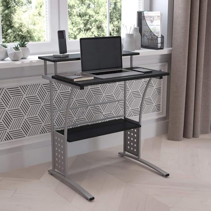 Комп'ютерний стіл Flash Furniture для домашнього офісу, чорна ламінована стільниця, міцний металевий каркас, компактний, з полицею, 60x71x84 см, чорний/сріблястий
