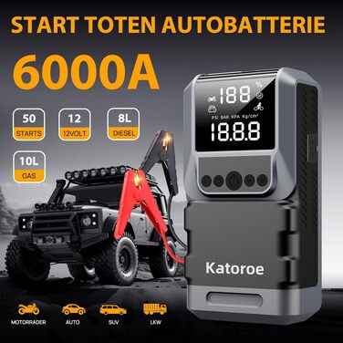 Пусковий зарядний пристрій (Бустер) 6000A з компресором 150 PSI, Powerbank для авто 12V (бензин до 10л, дизель до 8л), з LED-ліхтарем та дисплеєм, чорний