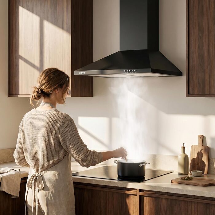 Витяжка кухонна CIARRA CBCB6201 чорна, пірамідальна, 60 см, 404 м³/год, A++, LED-підсвітка, з вугільним фільтром CBCF002X2, режим рециркуляції та відведення