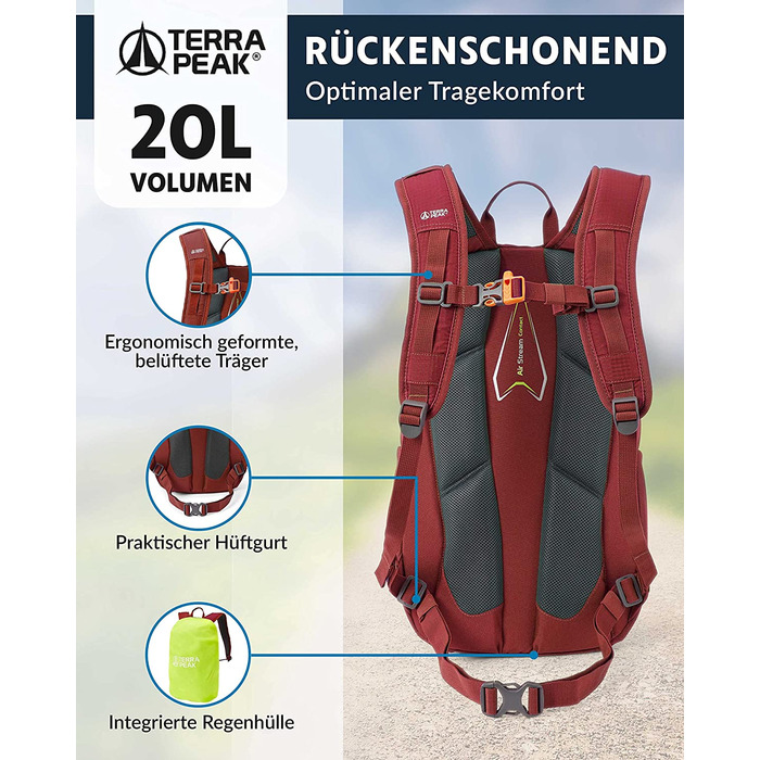 Рюкзак для туризму Terra Peak Flex 20 л, преміум, з вентиляцією спини, питною системою та дощовиком, темно-червоний, поліестер 3D Air Mesh, з поясним ременем