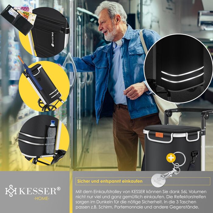 Складна господарська сумка-візок KESSER 56л, до 50кг, 3в1: візок, сумка на плече, рюкзак, з термовідсіком, для покупок, чорна, для сходів