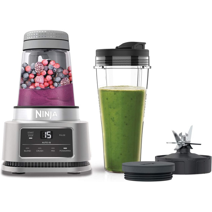 Блендер Ninja Foodi Power Nutri Mixer 2-в-1, 1100Вт, автоматичні програми, для смузі, густих сумішей і заморожених напоїв, 700 мл стакан, 400 мл чаша з потужним мішалкою, сріблястий, модель CB100EU