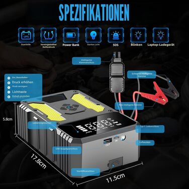 Пусковий інвертор (бустер) для авто з компресором 6000А, портативний Jump Starter Powerbank з LED-ліхтарем та дисплеєм, жовтий
