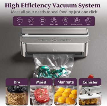 Вакууматор Mesliese 85kPa 120W для продуктів, автоматична машина для вакуумної упаковки з вбудованим різаком та відсіком для пакетів, сріблястий (2 рулони в комплекті)
