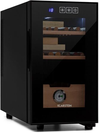 Хумідор для сигар Klarstein El Presidente, термоелектричний, 23 л, чорний, з гігрометром, LED-підсвіткою, скляними дверцятами, полицями та шухлядою з кедра