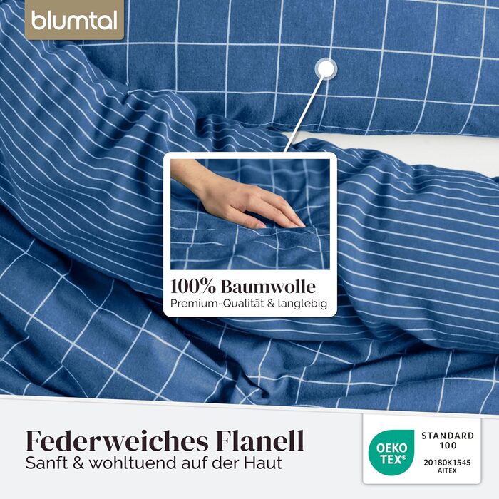 Комплект постільної білизни Blumtal Biber 200x200 см + 2x 80x80 см, бавовна, фланель, Oeko-Tex, ультра м'яка, для зими, з ефектним двостороннім дизайном, тауп (синій візерунок)