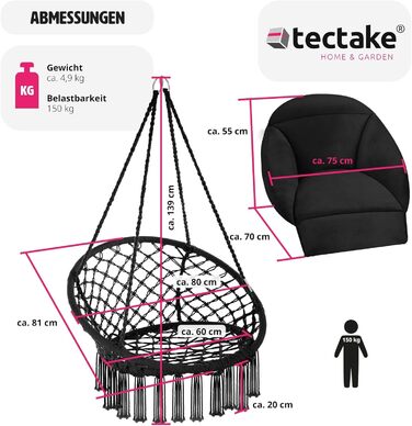 Підвісне крісло-гойдалка tectake з товстими подушками, чорною бахромою, стиль бохо, діаметр 80 см, з підставкою для саду, балкона та вітальні, підвісний кошик для відпочинку, підходить для використання в приміщенні та на вулиці