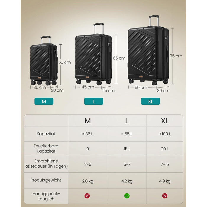 Валіза для подорожей SONGMICS, жорстка Expandable валіза з ABS-пластику, TSA-замок, 4 подвійні колеса, велика (L), 65 см, чорна (RLP002B101)