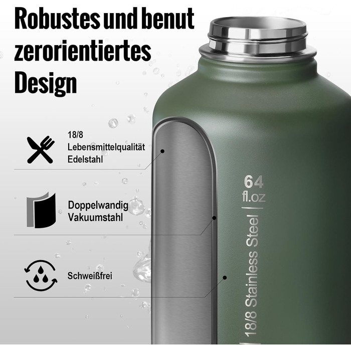 Термос-фляга OneTigris Edelstahl 1.9л (64oz) з чохлом, спортивна фляга для води, 3 кришки для велосипеда, кемпінгу, йоги, спортзалу, полювання, риболовлі - Оливково-зелений
