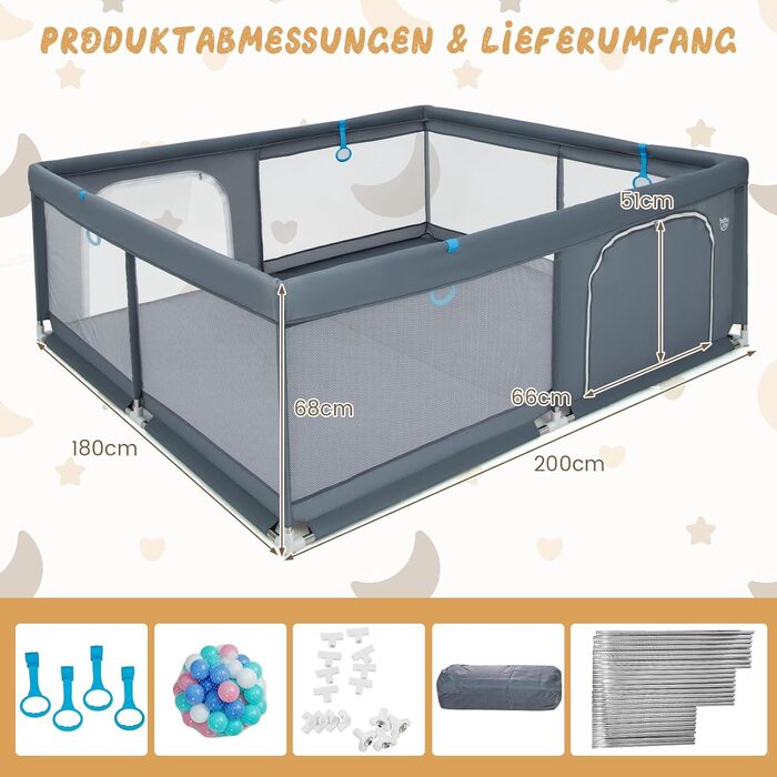 Манеж для дітей DREAMADE 200x180 см, складаний, з 50 кульками, 4 ручками і сумкою, дихаюча сітка, для немовлят і малюків 0-36 міс, темно-сірий