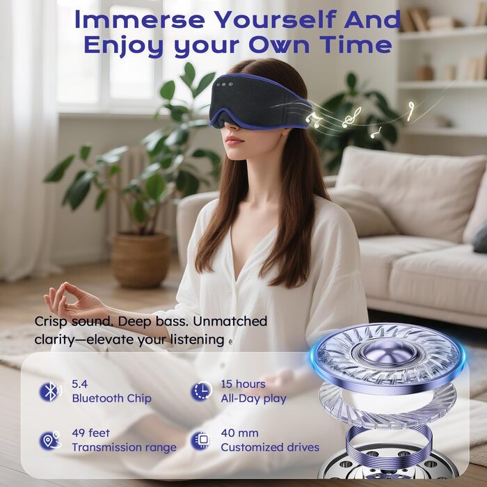 Маска для сну LC-Dolida 3D Bluetooth з навушниками для жінок та чоловіків, повна світлоблокада та комфорт на всю ніч. М'яка маска для сну з навушниками, ідеальна для подорожей та сну в ліжку (Блакитна)