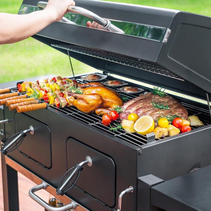 XXL вугільний гриль Grillwagen з кришкою, коптильня, гриль з колесами, ручка з нержавіючої сталі, грати, термометр, підлоговий гриль, 154.5 x 89 x 122 см