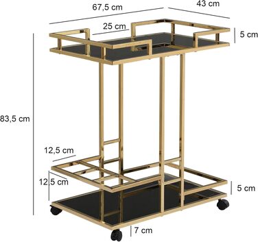 Барний візок FineBuy Gold металевий з скляними полицями на колесах 67,5x83,5x43 см, сучасний сервірувальний візок для кухні, вітальні, домашнього бару, багатофункціональний