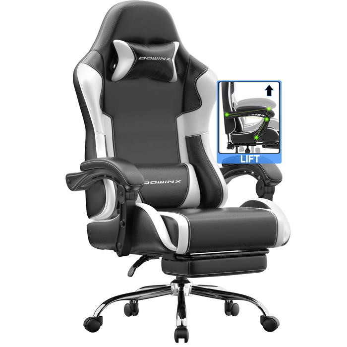 Ігрове крісло Dowinx Ergonomic Gaming Chair з підставкою для ніг, біле, витримує до 150 кг, з регульованими підлокітниками для ПК та офісу