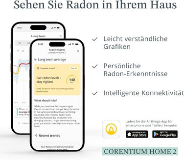 Airthings 325 Corentium Home 2: Радіометр радону з Bluetooth, датчики вологості та температури, портативний