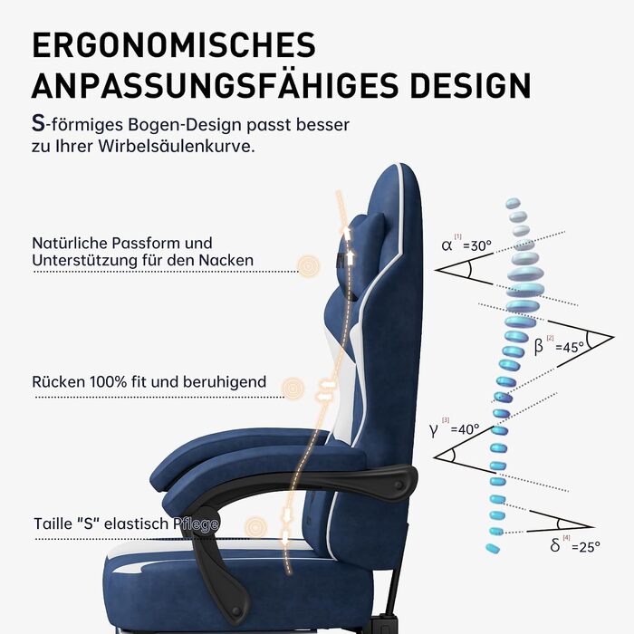 Ігровий стілець Ergonomic Gaming Chair з підставкою для ніг, ергономічне комп'ютерне крісло з високотехнологічної тканини для дорослих та підлітків, синій